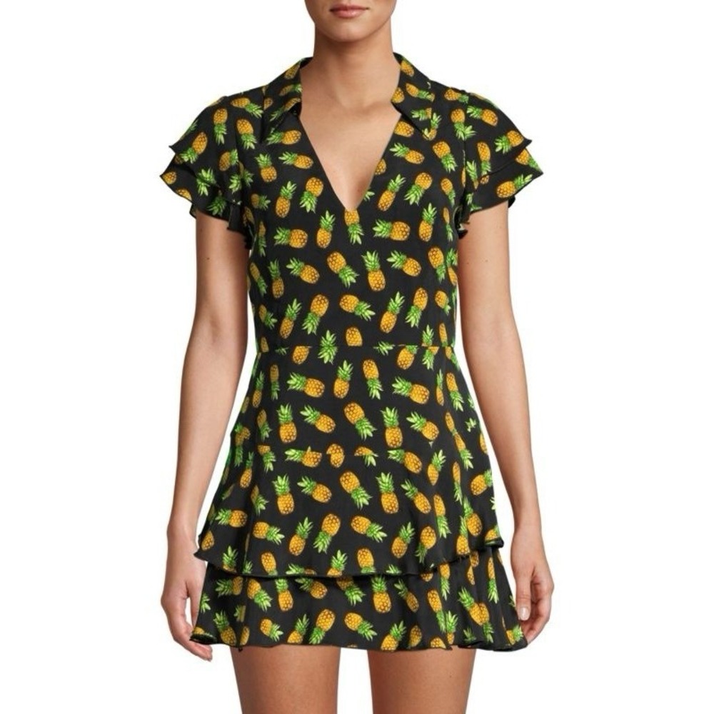 Alice + Olivia Black Pineapple Print Ruffled Romper with Yellow & Green Accents